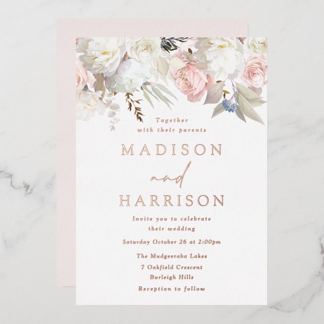 Beautiful Blush & White Floral Wedding Rose Gold Foil Invitation (Front/Back)