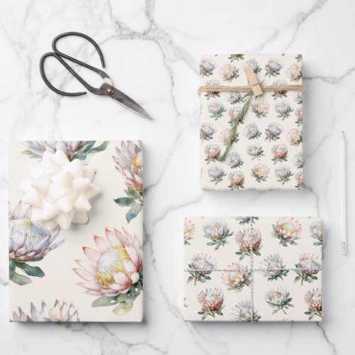 Beautiful blush white king protea flower pattern wrapping paper sheets