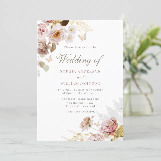 Beautiful Blush White Rose Flowers Wedding Invitation | Zazzle