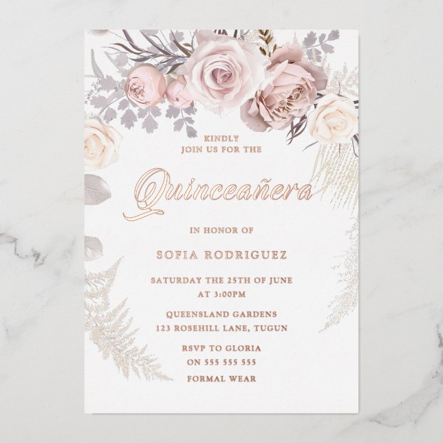 Beautiful Blush Wreath Rose Gold Quinceanera Party Foil Invitation (Front)