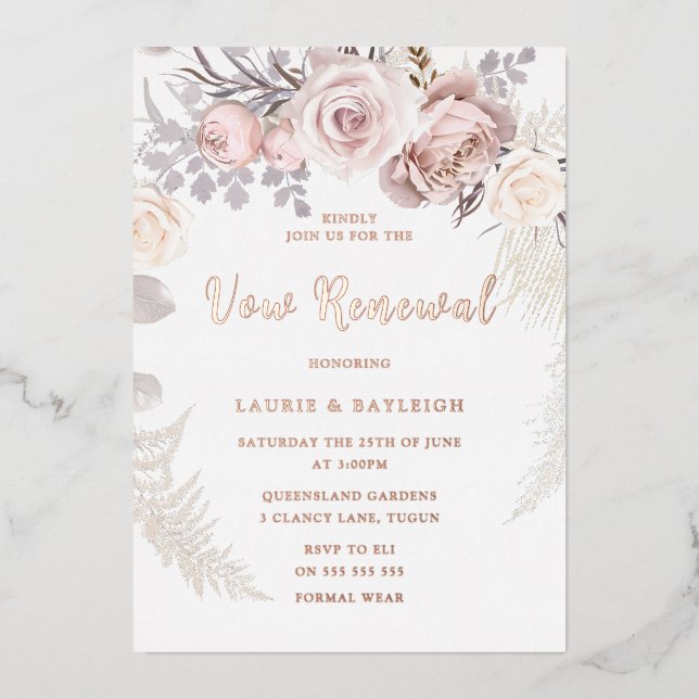 Beautiful Blush Wreath Rose Gold Vow Renewal Foil Invitation (Front)