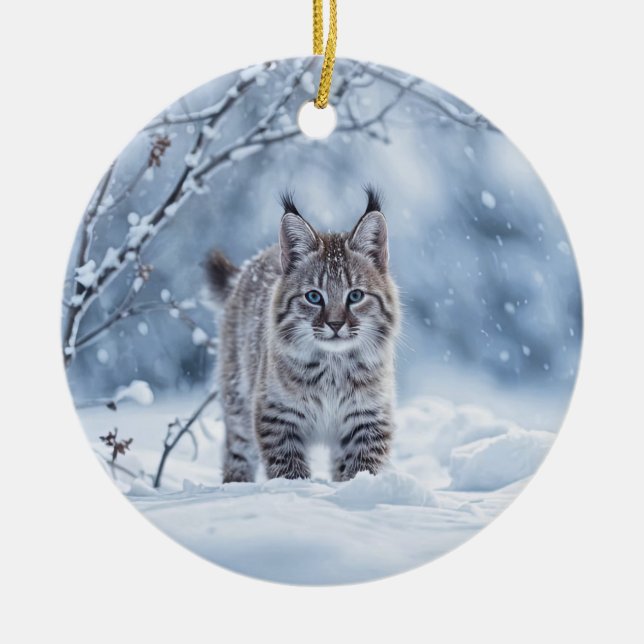 Beautiful Bobcat in  Snow Christmas Ceramic Ornament (Front)