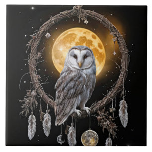 Beautiful Bohemian Dreamcatcher Owl Ceramic Tile