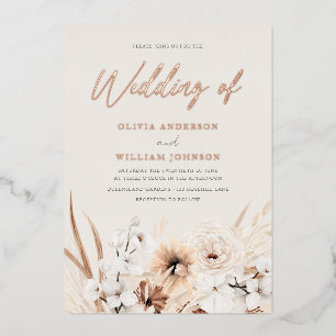 Beautiful Boho Beige Floral Wedding Rose Gold Foil Invitation