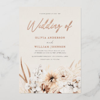 Beautiful Boho Beige Floral Wedding Rose Gold Foil Invitation