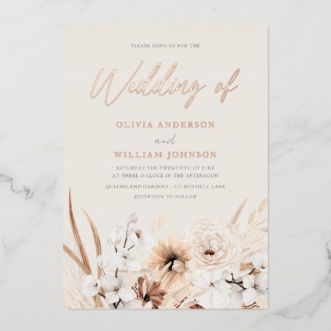 Beautiful Boho Beige Floral Wedding Rose Gold Foil Invitation (Front)
