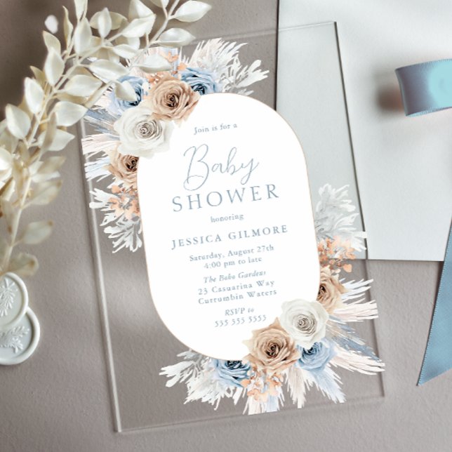Beautiful Boho Blue Floral Baby Shower Acrylic Invitations (Creator Uploaded)