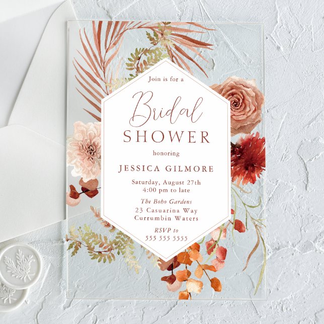 Beautiful Boho Botanical Floral Bridal Shower Acrylic Invitations (Creator Uploaded)