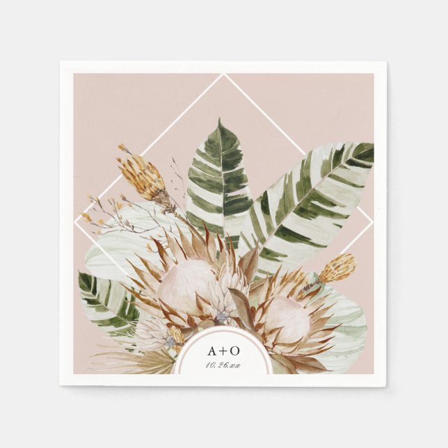 Beautiful Boho Botanical Geometric Frame Wedding Napkins (Front)