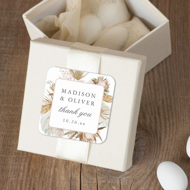 Beautiful Boho Botanical White Wedding Favor Square Sticker (Creator Uploaded)