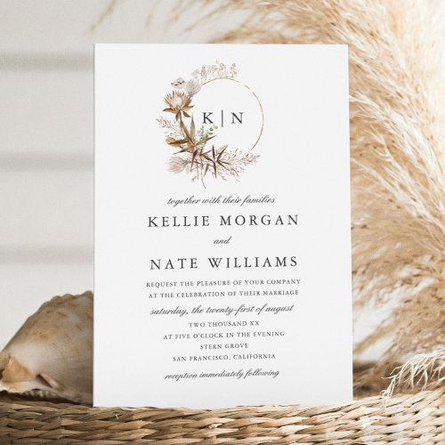 Beautiful Boho Botanical Wreath Monogram Wedding Invitation