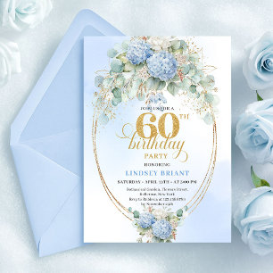 Beautiful Boho Dusty Blue Floral Gold 60 Birthday Invitation