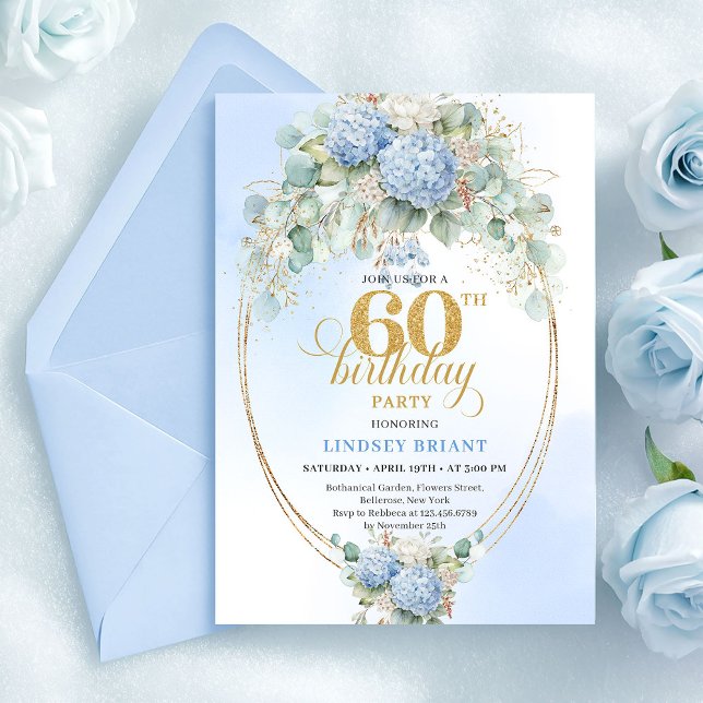Beautiful Boho Dusty Blue Floral Gold 60 Birthday Invitation (Beautiful Boho Dusty Blue Floral Gold 60th Birthday)