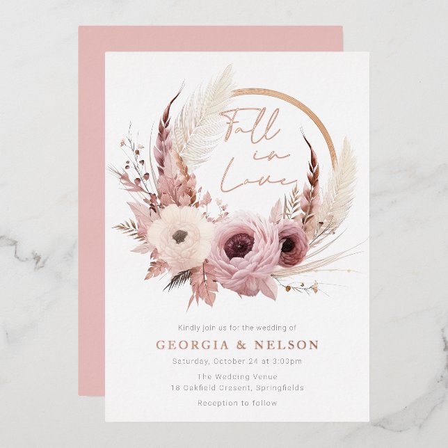 Beautiful Boho Fall Autumn Wedding Rose Gold Foil Invitation (Front/Back)