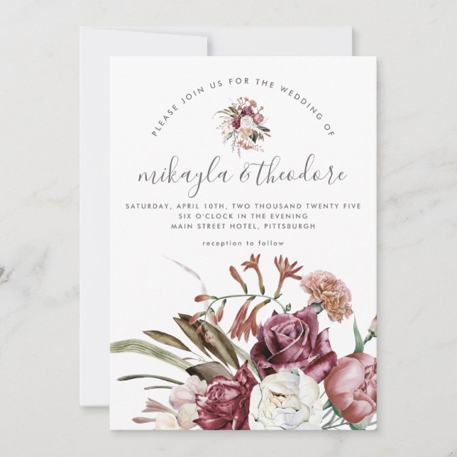 Beautiful Boho Floral Bouquet Wedding Invitation (Front)