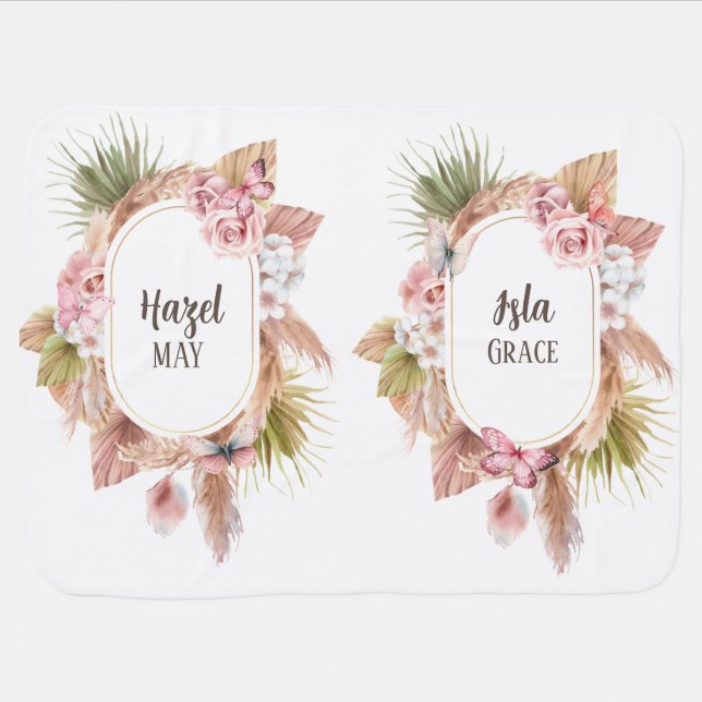 Beautiful Boho Floral Butterfly Twins Baby Blanket (Horizontal)
