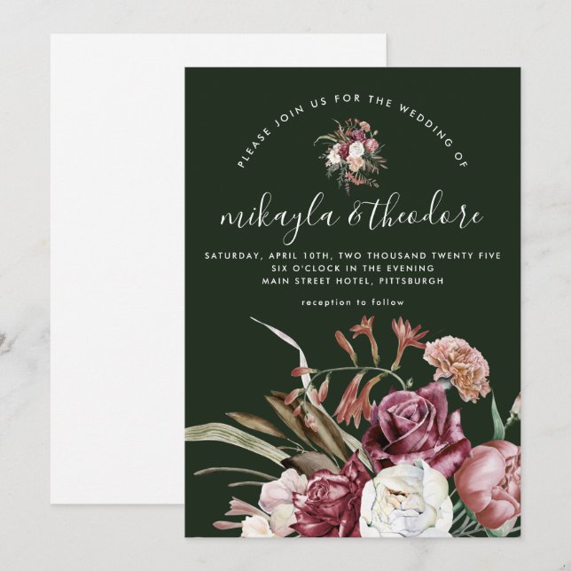 Beautiful Boho Floral Dark Green Wedding Invitation (Front/Back)