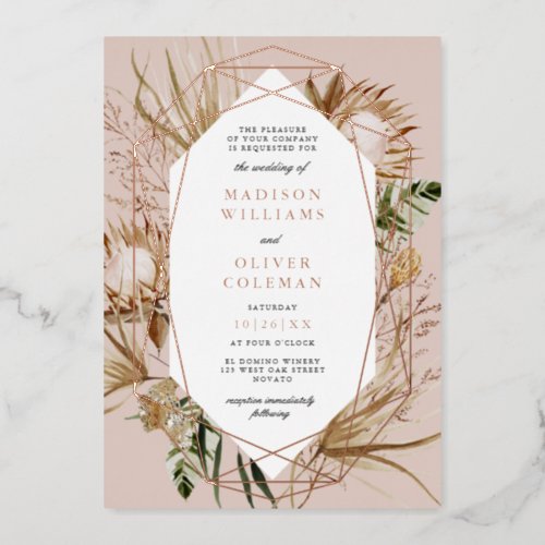 Beautiful Boho Floral Geo Frame Wedding REAL Foil Invitation