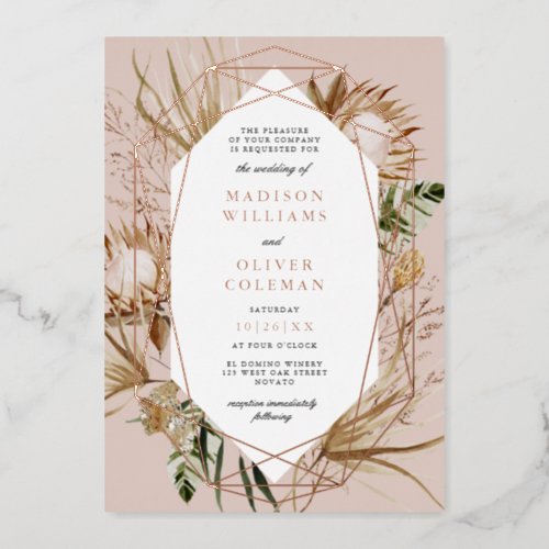 Beautiful Boho Floral Geo Frame Wedding REAL Foil Invitation