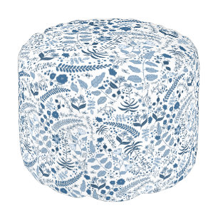 Beautiful Boho Floral in Classic Blue and White Pouf