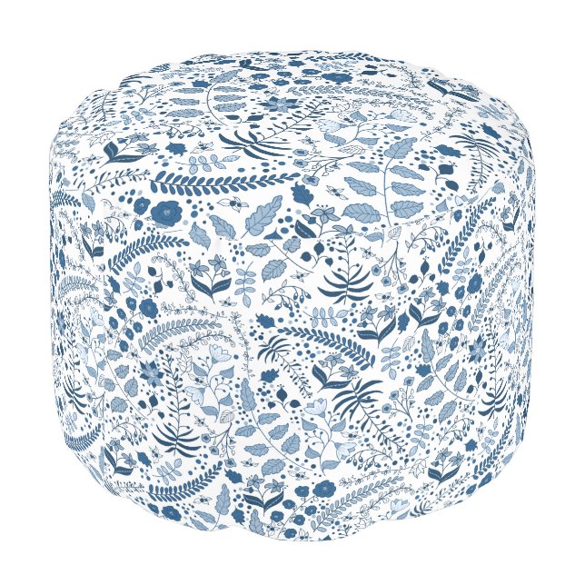 Beautiful Boho Floral in Classic Blue and White Pouf (Angled Back)