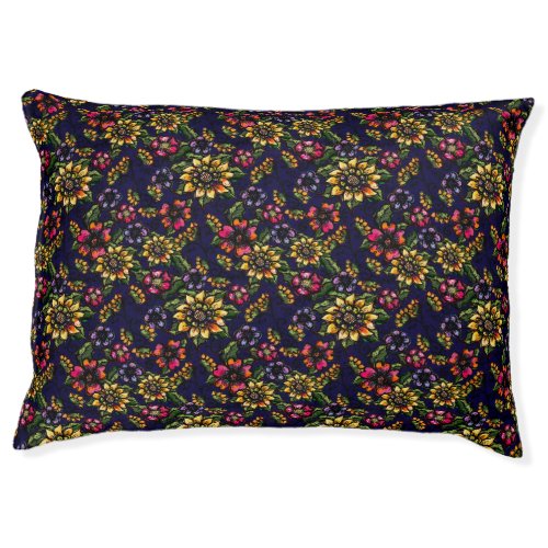 Beautiful Boho Floral in Navy Blue Sunflowers  Pet Bed