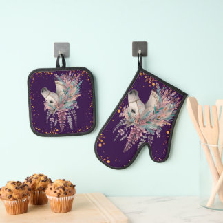 Beautiful Boho Horse Oven Mitt & Pot Holder Set