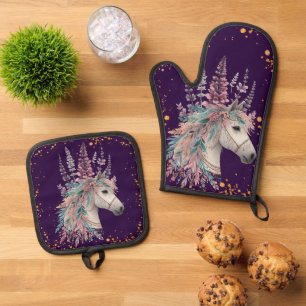 Beautiful Boho Horse Oven Mitt & Pot Holder Set