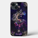 Beautiful Boho Moon Stars Blue Purple Custom Text Iphone 13 Case at Zazzle
