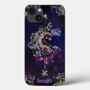 Beautiful Boho Moon Stars Blue Purple Custom Text iPhone 13 Case