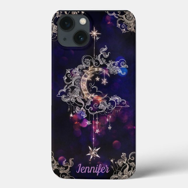 Beautiful Boho Moon Stars Blue Purple Custom Text Case-Mate iPhone Case (Back)