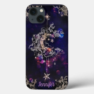 Beautiful Boho Moon Stars Blue Purple Custom Text  iPhone 13 Case