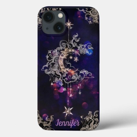 Beautiful Boho Moon Stars Blue Purple Custom Text  Iphone 13 Case