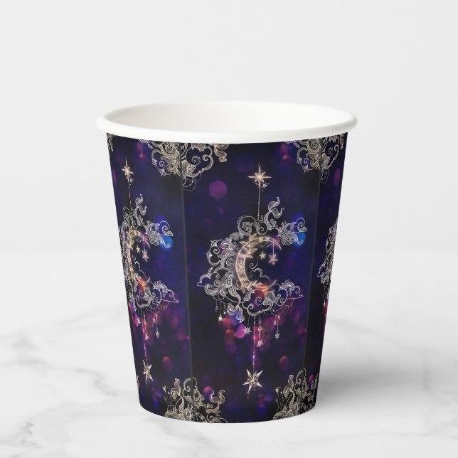 Beautiful Boho Moon Stars Blue Purple Paper Cups (Front)