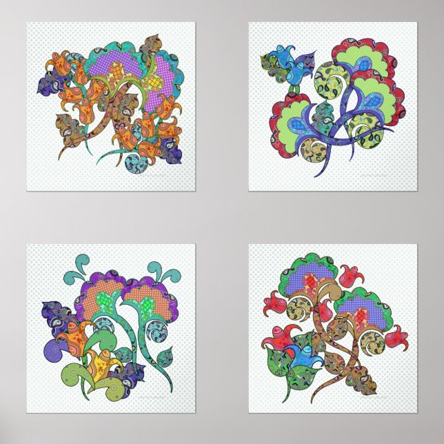 Beautiful Boho Paisley Flowers Wall Art Sets (Front)