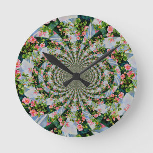 Beautiful boho pink, red roses, watercolor floral round clock