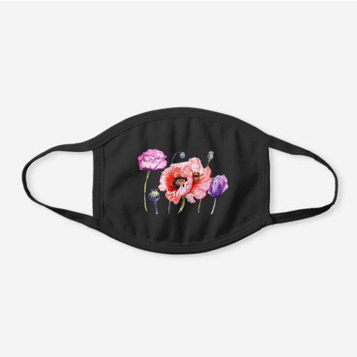 Beautiful boho red pink poppies floral bouquet black cotton face mask