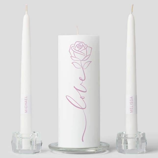 Beautiful Boho Rose Love Wedding Custom Names Unit Unity Candle Set (Front)