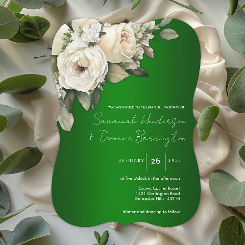 Beautiful Boho Roses on Emerald Green Wedding Invitation