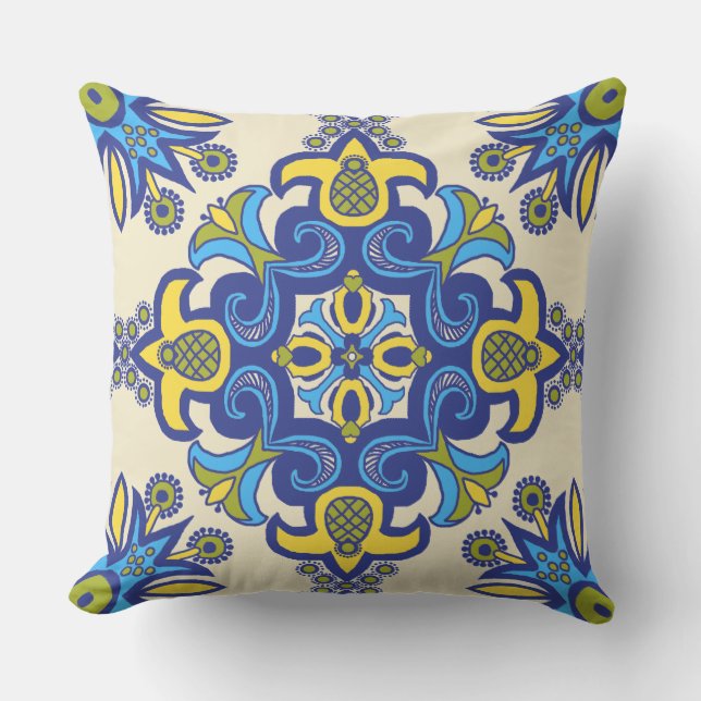 Beautiful Boho Talavera Tile Outdoor Pillow (Front)