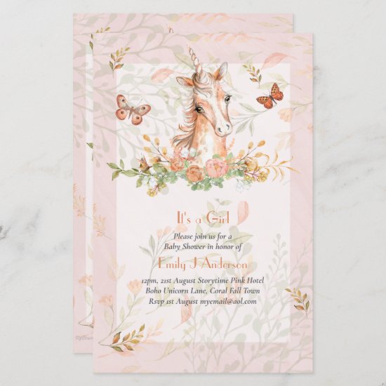 Beautiful Boho Unicorn Baby Girl Shower Invitation