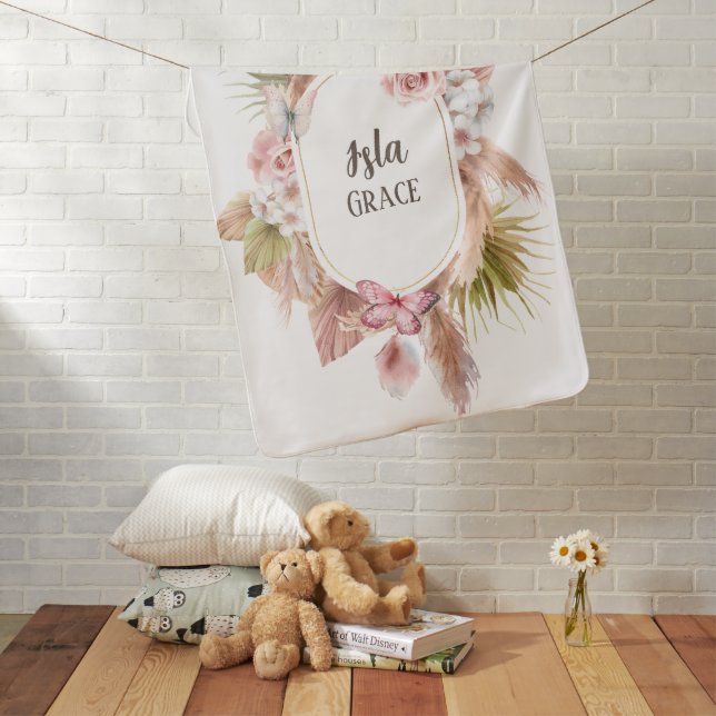 Beautiful Boho Watercolor Floral Butterfly Girls Baby Blanket (In Situ)