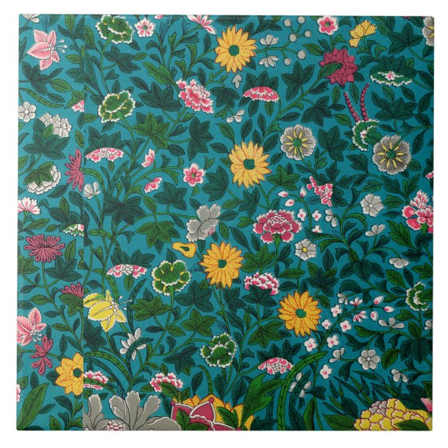 Beautiful Bold Floral Boho Blue Green Ceramic Tile (Front)