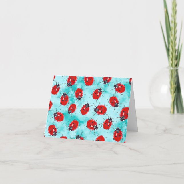 Beautiful Bold Illustrated Ladybugs on Aqua Sky Thank You Card (Front)