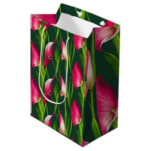 Beautiful Bold Pink  Green Calla Lilly Florals Medium Gift Bag