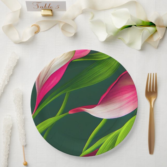 Beautiful Bold Pink & Green Calla Lilly Florals Paper Plates (Wedding)