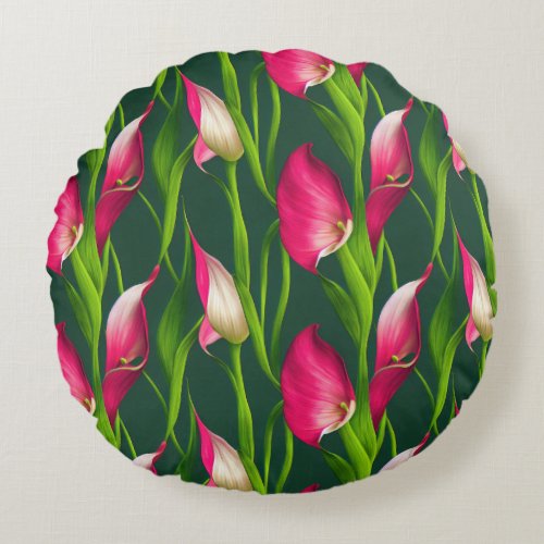 Beautiful Bold Pink  Green Calla Lilly Florals  Round Pillow