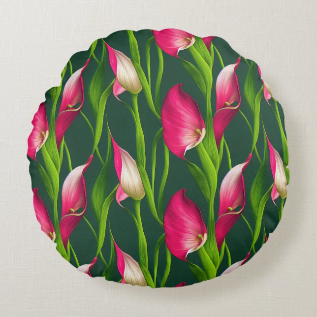 Beautiful Bold Pink & Green Calla Lilly Florals  Round Pillow (Front)