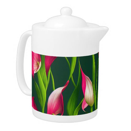 Beautiful Bold Pink  Green Calla Lilly Florals  Teapot