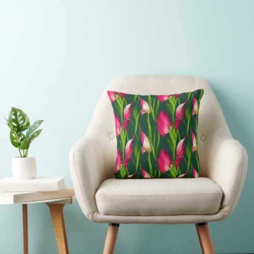 Beautiful Bold Pink  Green Calla Lilly Florals Wr Throw Pillow